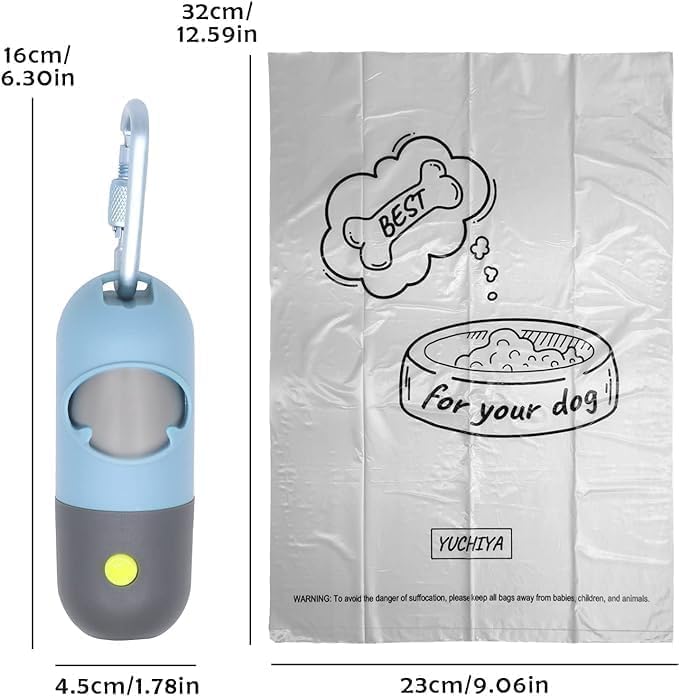 Dog Poop Waste Bags Holder with LED Flashlight|Cute Doggie Poo Bags Dispenser for Pet Leash|Trash Waste Bags Carrier with Potty Bags Clip Fastener LR44 Button Cells Included(2 Pack) (Sky Blue)