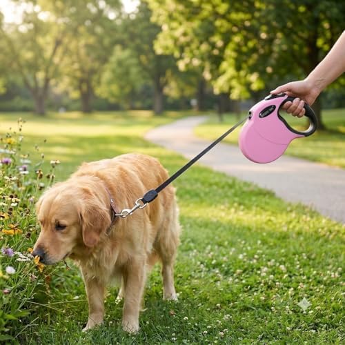 Retractable Dog Leash Hands-Free Adjustable Length 16ft with Safety Lock Durable Nylon Belt for Small Medium Large Dogs Easy Walk Training Portable Dog Leash Pink L