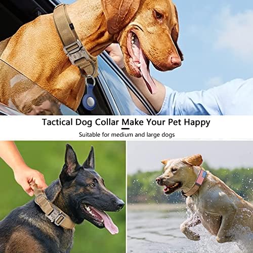 DAGANXI Tactical Dog Collar, Adjustable Military Training Nylon Dog Collar with Control Handle and Heavy Metal Buckle for Medium and Large Dogs, with Patches and Airtags Case (L, Brown)