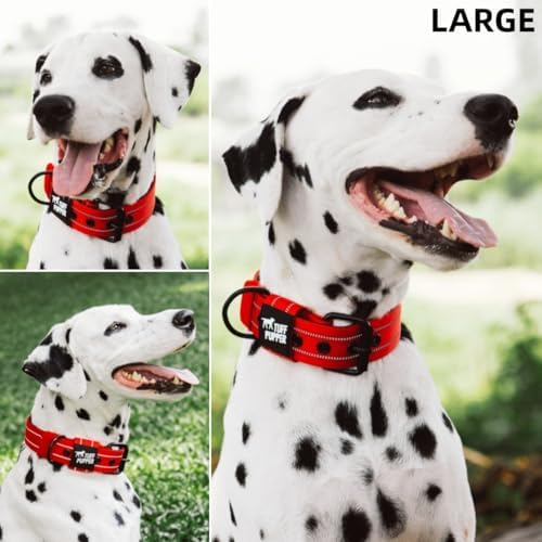 Tuff Pupper Heavy Duty Tactical Dog Collar | 1.5" Wide Ballistic Nylon | Reflective Stitching | Integrated ID Tag Holder | Stainless Steel Buckle | Padded Lining | Medium & Large Dogs (Red, Large)