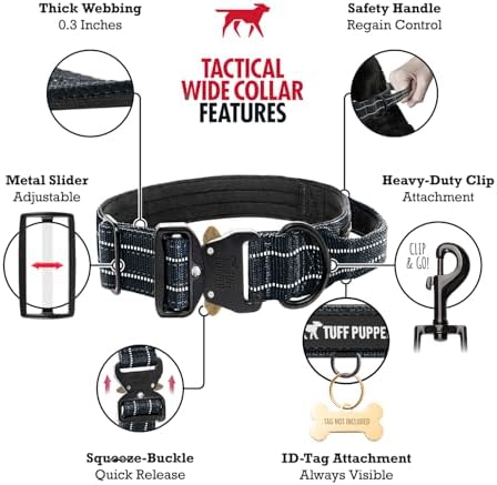 Tuff Pupper Tactical Dog Collar | Heavy Duty 1.5" Wide Ballistic Nylon | Training Control Handle | Quick-Release Metal Buckle | Reflective Bands | ID Tag Holder | Padded Inner Lining (Black, Medium)