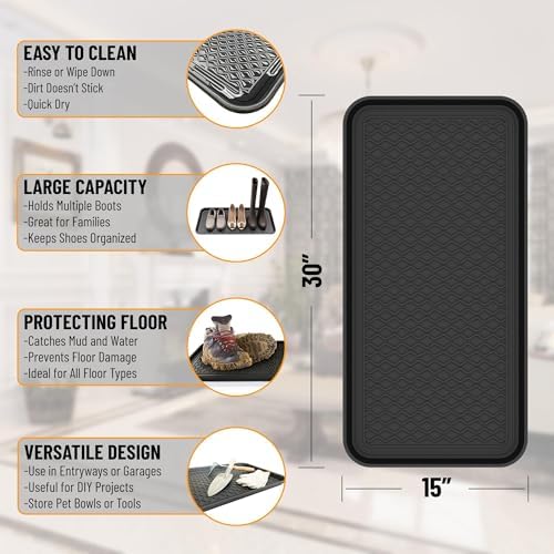 Ottomanson 15" x 30" Multi-Purpose Boot Tray – Waterproof Shoe & Pet Feeding Spill Tray, Litter Box & Pee Pad Holder, Painting & Planting Mat, 1.2" Raised Edge Floor Protection