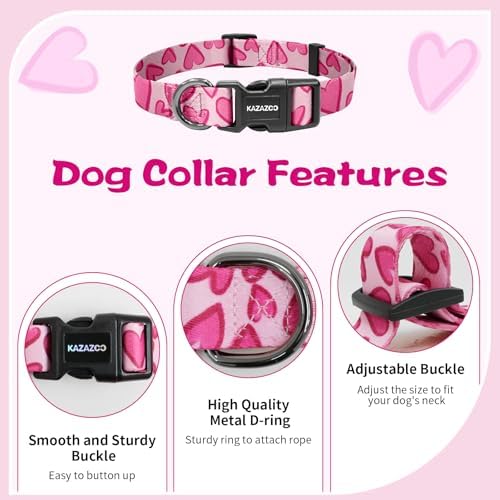 Kazazoo Dog Collar Cute and Soft Nylon Puppy Collar Girl Dogs, Adjustable Dog Collars for Extra Small Dogs, Hot Pink Heart-XS