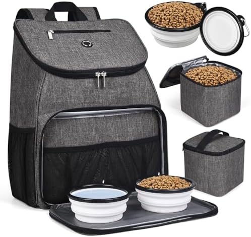 BAGLHER丨Dog Travel Bag, Airline Approved Pet Supplies Backpack, Dog Travel Backpack Accessories Set with 2 Silicone Collapsible Bowls and 2 Food Baskets, Gray