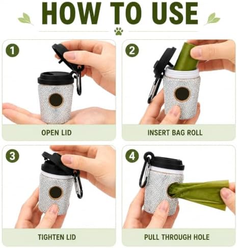 Diamond Rhinestone Coffee Cup Dog Poop Bag Holder for Leashes Leak Proof Trash Bag Dispenser with Carabiner Includes 15 Scented Dog Waste Bags Pet Walking Accessories for Cats Litter Gift