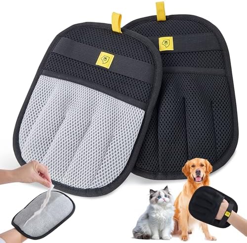 2 Pack Pet Hair Removal Glove for Dogs & Cats - Cat Hair Remover & Dog Hair Removal Tool, Electrostatic Reusable Pet Hair Glove for Furniture, Laundry, Couch, Carpet & Car Seat (Gray/Black Combo)