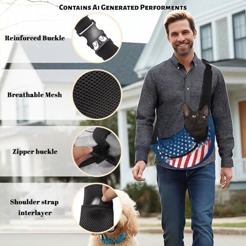 COEQINE Large Capacity Pet Carrier Sling Bag for Small Dogs 3-10 Ibs, American Flag Stars Print Reversible Crossbody Purse for Dogs and Cats Small Pouch Drawstring Dog Papoose Non-Anxiety