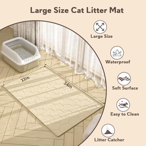 Garoopion Silicone Cat Litter Mat 34×22 inch, Easy to Clean, Beige