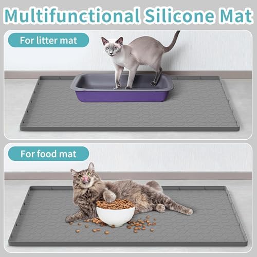 Cat Litter Mat, 34" x 22" Silicone Cat Mat for Litter Box, Silicone Cat Litter Box Mat for Scatter Control, Easy Clean, Waterproof and Non-Slip(Grey)