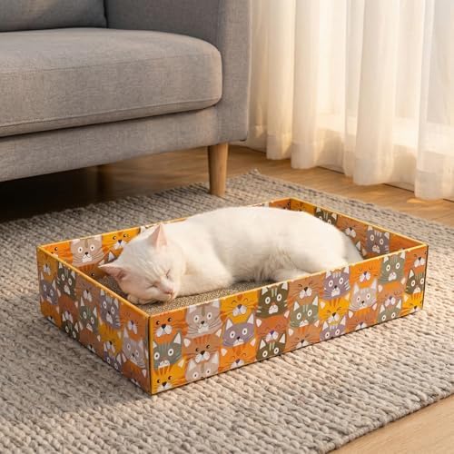 Pumtus Set of 2 Cat Scratching Boxes, 17x10 in 6 Pcs Corrugated Cardboard Pad with 2 Boxes, Large Cute Reversible Kitty Sofa Bed, Refillable Wave Shaped Lounge, Interactive Kitten Toy for Indoor Cat