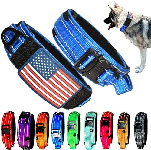 2-Inch Wide Tactical Dog Collar with Control Handle, Adjustable for Medium & Large Dogs, Military Style with Heavy-Duty Metal Buckle, USA Flag Patch & Customizable Name Plate, Training & Everyday Use