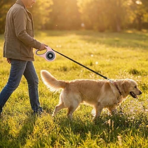 16 ft Retractable Dog Leash for Extra Large Dogs up to 130 lbs,Tangle-Free Nylon Tape,Pink Dan24 XL