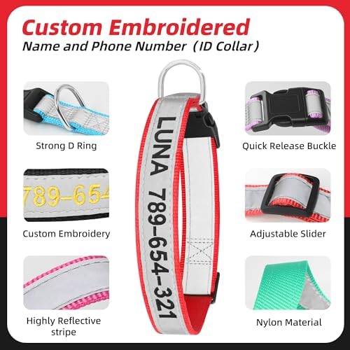 Personalized Reflective Dog Collar, Embroidered Name & Phone Number