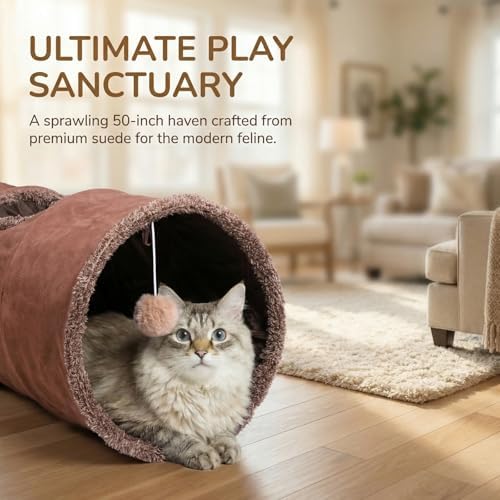 ZENFUN 51"x 12" Collasiple Cat Play Tunnel, Cats Tubes and Tunnels, Cat Foldable Hide and Seek Tunnel Toy, Brown Suede Pet Tube Toy for Rabbits, Ferrets, Puppy, Diameter 12 Inch