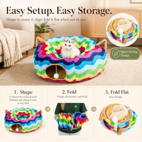 Large Cat Tunnel Bed Under Christmas Tree with Fluffy Toy Balls, Small Cushion and Flexible Design- 10 inch Diameter, 3 ft Length- Great for Cats, and Small Dogs, Rainbow Wave Color
