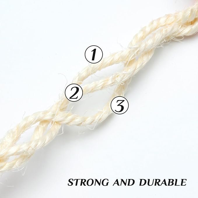 White Sisal Rope 1/4 Inch by 49-Feet for Cat Scratching Post Tree Tower Replacement Repair and Replace, DIY Hemp Twine Rope for Kittens Shelves Furniture Window Perch Hammock Climbing, 6mm by 15m