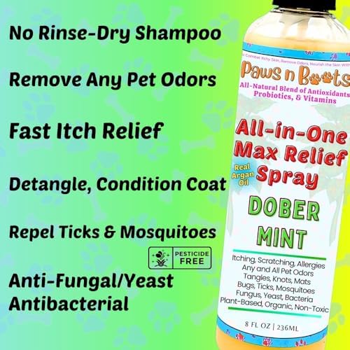 All-in-One Max Relief Spray - 100% Natural, Organic, & Plant-Based. Dry Shampoo, Deodorize, Detangle, Repel. Fast Relief Itching & Inflammation. Safe to Use on All Surfaces & Pets. Tear-Free. Mint