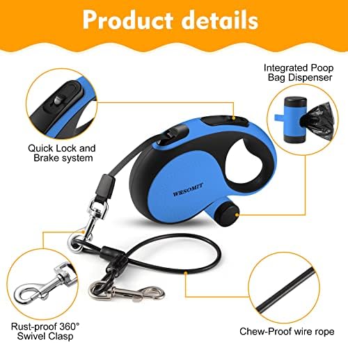26 Ft Retractable Dog Leash with Chew Proof Cable - Blue