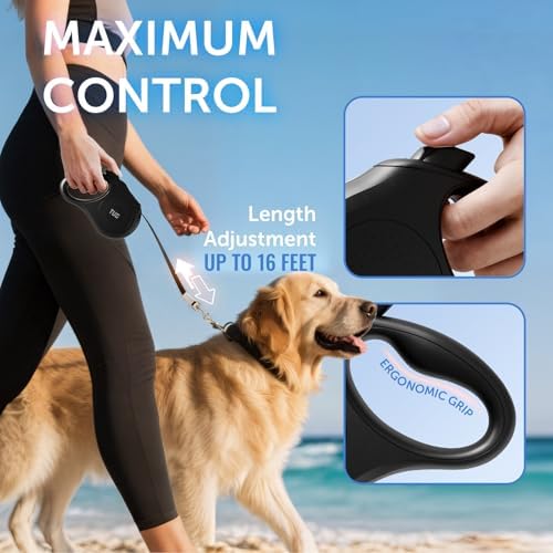 TUG Quest Retractable Dog Leash | 360° Tangle-Free | 16 ft Tape (L, Black)