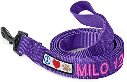 Pawtitas Personalized 6 ft Purple Dog Leash XS/S Custom Name and Phone Embroidery Strong Nylon Leash for Small Breeds