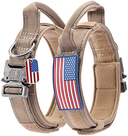 Reflective Tactical Dog Collar Adjustable for Training and Service K9 Dog Collar with Military Nylon Heavy Duty Metal Buckle and Control Handle for Medium and Large Dogs,1.5" Width Brown L