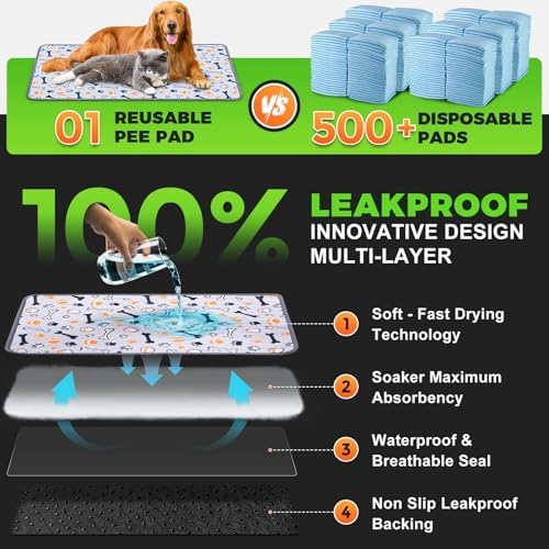Hompet Washable Pee Pads for Dogs, 28"x19", 2-Pack Thick Heavy Absorbency Reusable Pee Pads Prevent Leakage Non-Slip, Pet Training Pads for Puppy Playpen, Crate, Potty, Floor, Bed, Sofa