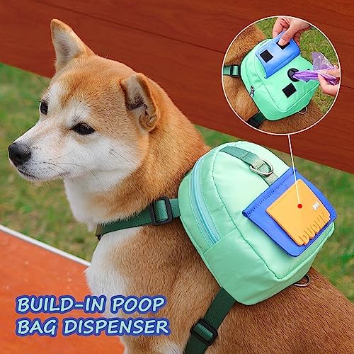 Dog Backpack Harness with Leash,Cute Pet Puppy Backpacks Bulid-in Dog Poop Bag Dispenser,Adjustable Pets Self Carrier Bag for Small Medium Dogs Travel Hiking Daily Walking(S, Green)