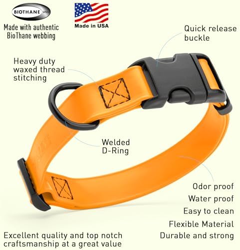 Dogline Biothane Waterproof Dog Collar with Quick Release Buckle Strong Coated Nylon Webbing with Odor- Proof for Easy Care Easy to Clean Fits Small Medium Large Dogs, Tangerine Orange 3/4" W 12-19" L
