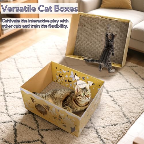 Tlence 2 Pack Cardboard Cat Scratcher Box, Butterfly Pattern Cat Hideaway House with Double-Sided Scratch Pads, 16.5 Inch Heavy Duty Large Cat Bed Lounger for Indoor Cats