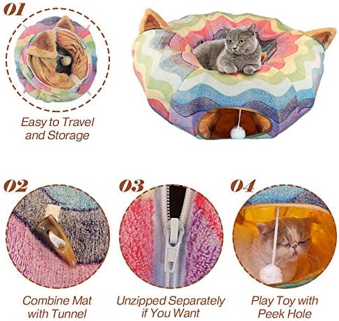 HOMEYA Cat Tunnel Bed with Mat,Collapsible 3 Way Cat Play Tube Condo Toy with Peek Hole Fun Ball Indoor Outdoor Soft Hideout Exercising Playground for Pet Dog Kittens Kitty