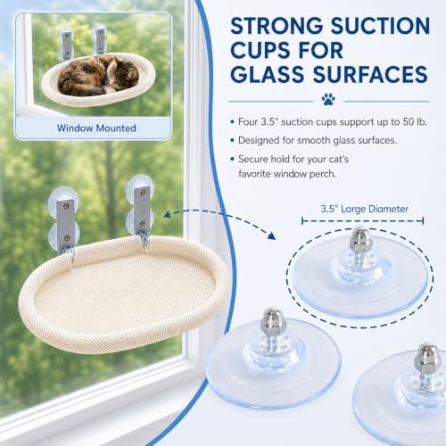 Cat Window Perch for Narrow Windows, Cordless Foldable Hammock Bed with Suction Cups, Breathable Mesh Shelf for Indoor Cats, Space-Saving Hammock Lounger for Sunbathing and Bird Watching, Beige