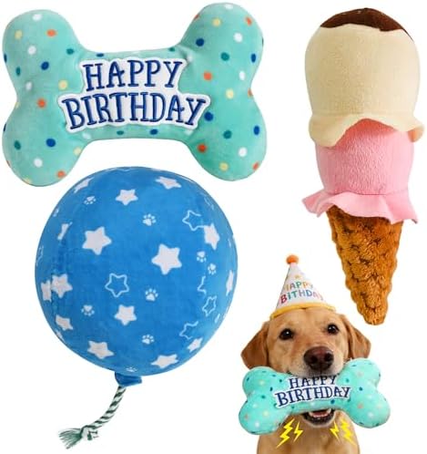 3PCS Dog Birthday Toys, Crinkle Squeaky Dog Toys for Small Medium Large Dog