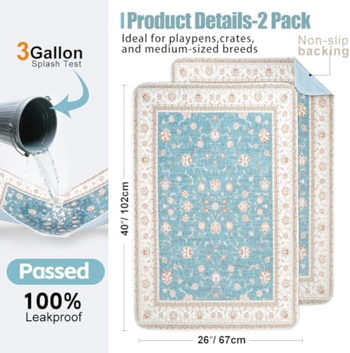 26"x40" 2 Pack Washable Pee Pads for Dogs, Rabbits & Hamsters - Reusable Puppy Pads Super Absorbent Waterproof Non-Slip Potty Pads for Crate, Couch, Car, Whelping & Playpen Liners