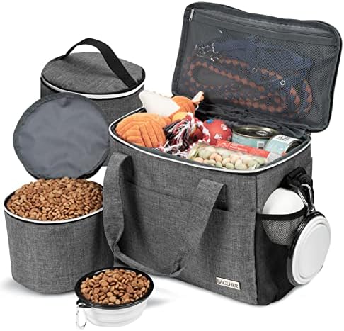 BAGLHER Dog Travel Bag Backpack Pet Supplies Backpack Pet Accessories Storage Bag 5-Piece Set With Shoulder Strap 2 Lined Pet Food Containers 4 Foldable Feeding Bowls Essential Kit for Pet travel