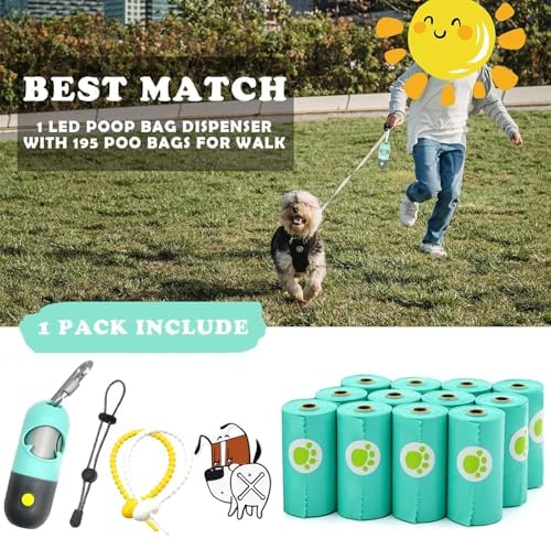 Dog Waste Bags Holder with LED Flashlight Doggie Poop Bags Dispenser with 13 Rolls Leak-Proof Pet Trash Bags Rechargable USB Cable (Mint Green)
