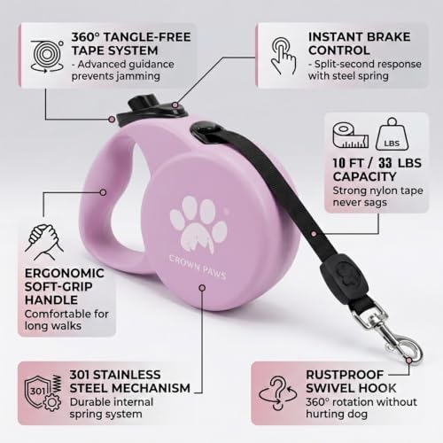 Retractable Dog Leash (Small), 10ft Heavy Duty Nylon Tape for Dogs up to 33 lbs, One-Hand Brake & Lock, Tangle-Free, Compact Lightweight Design, Pink S GC-DAN