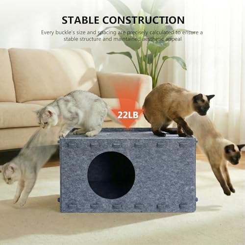 Cat House for Indoor Cats, Scratch Resistance Cat Cave Bed, Felt Peekaboo Cat Hideaway for Large & Multiple Cats Up to 22Lbs, Gray