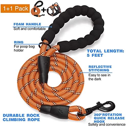 tobeDRI No Pull Dog Harness Adjustable Reflective Oxford Easy Control Medium Large Dog Harness with A Free Heavy Duty 5ft Dog Leash, Orange, L