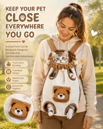Cute Bear Design Front Pet Carrier Backpack, Cat Dog Front Body Carrier