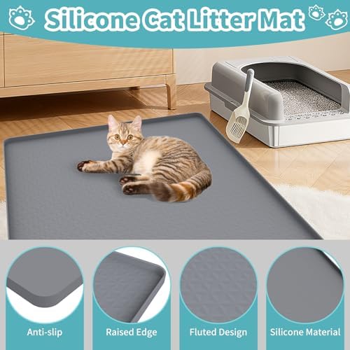 Cat Litter Mat, 51" x 25.6" Silicone Cat Mat for Litter Box, Silicone Cat Litter Box Mat for Scatter Control, Easy Clean, Waterproof and Non-Slip(Light Grey)