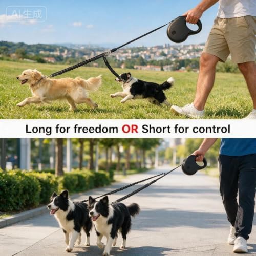 30 FT Dual Retractable Dog Leash(Up to 110 LBs Each)+Poop Bags&Holder