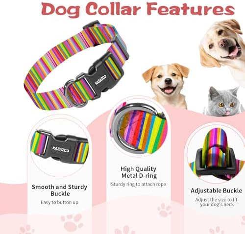 Kazazoo Dog Collar Cute and Soft Nylon Puppy Collar for Boy and Girl Dogs, Adjustable Dog Collars for Small Dogs, Rainbow-S