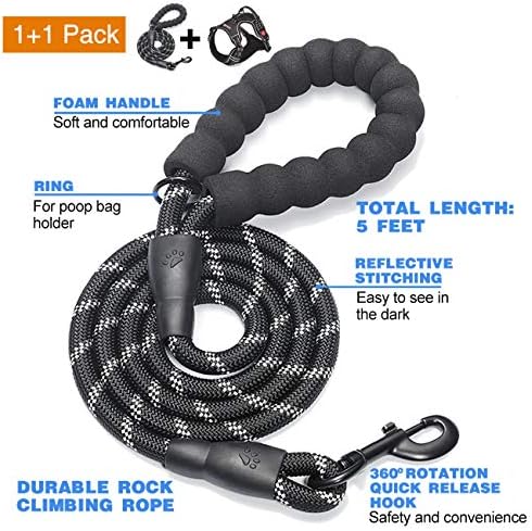 tobeDRI No Pull Dog Harness Adjustable Reflective Oxford Easy Control Medium Large Dog Harness with A Free Heavy Duty 5ft Dog Leash, Black, L