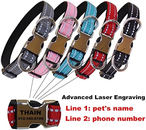 THAIN Reflective Personalized Dog Collar Engraved Custom Buckle- Soft Nylon Pet Collar with Name Plate Engraved Name, Phone Number, Silent,No Noise Adjustable (L, Black)