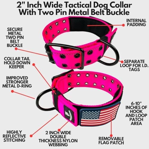 Dog Collars for Large Dogs - 2 inch Wide Dog Collar for Large Dogs Personalized Dog Collar with Metal Buckle American Flag Patch Name Plate Padded Dog Collar for Extra Large Dogs Male Female K9