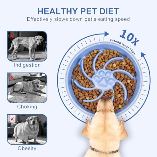 Ceramic Slow Feeder Dog Bowl, 3 Cup Dog Food or 25oz Water, Slow Eating Bowl for Middle Breed, Maze Puzzle Feeder for Fast Eaters, Anti-Choking Stop Bloat, Non-Slip BPA Free (Blue)