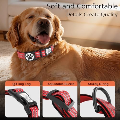 Waterproof AirTag Dog Collar with QR Code Dog Tag, Red S