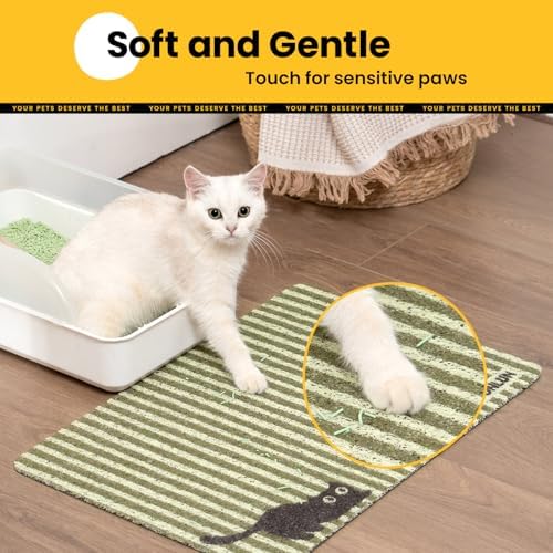Conlun Cat Litter Mat Litter Trapping Mat, Premium Durable PVC Cute Cat Litter Box Mat, Non-Slip, Less Waste Kitty Litter Mat, Soft on Kitty’s Paws, 24”x 17” cat matts for litter, Green Stripe