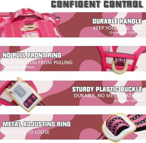 Auroth Tactical Dog Harness for Small Medium Large Dogs No Pull Adjustable Pet Harness Reflective K9 Working Training Easy Control Pet Vest Military Service Dog Harnesses Small, Pink Camo
