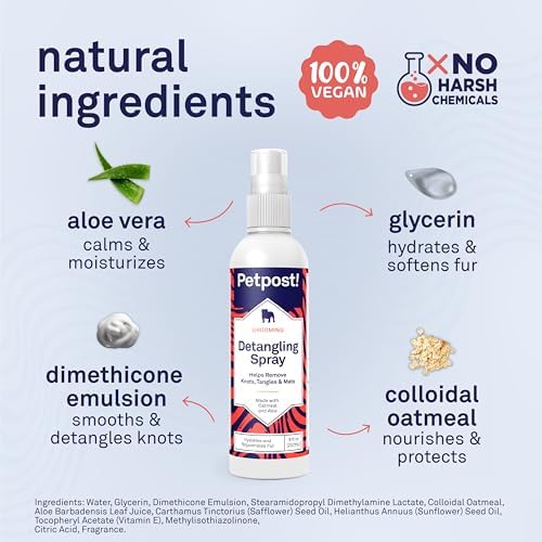 Petpost | Detangling Spray for Dogs with Knots, Mats & Tangles - Naturally Rejuvenating Dog Hair Detangler for Healthier, Shinier, Stronger Fur - Oatmeal, Aloe, and Vitamin E Formula 8 oz.